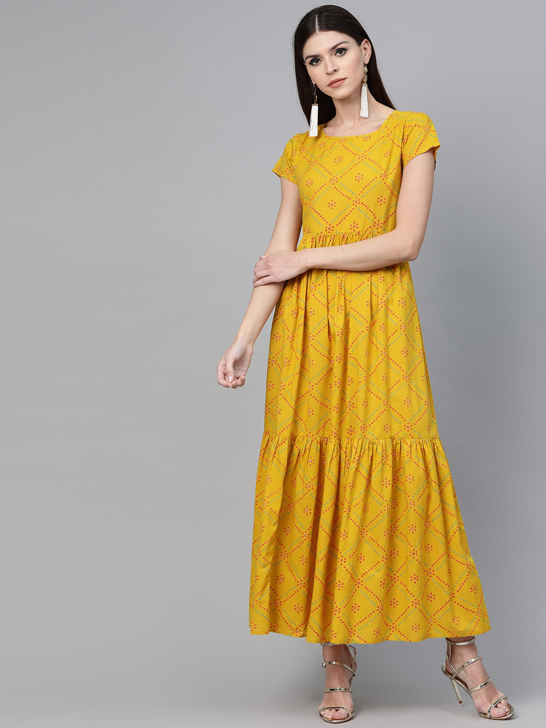 

See Designs Women Mustard Yellow Floral Printed Thread Work Kurta