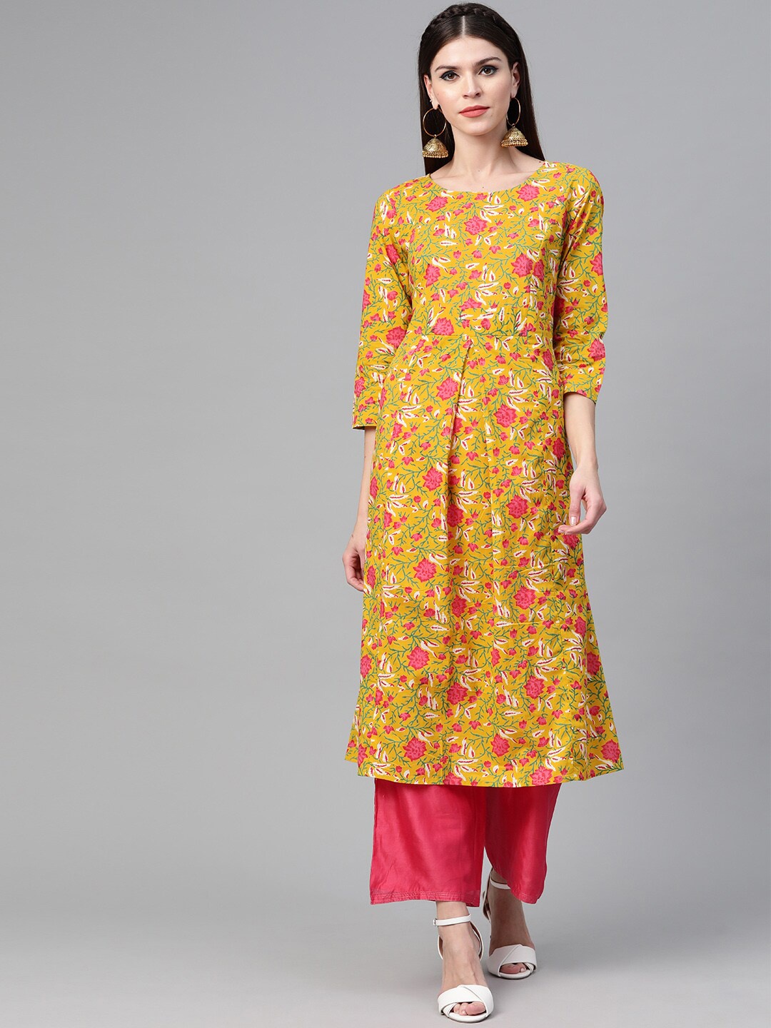 

See Designs Floral Printed Round Neck Pure Cotton Kurta, Mustard