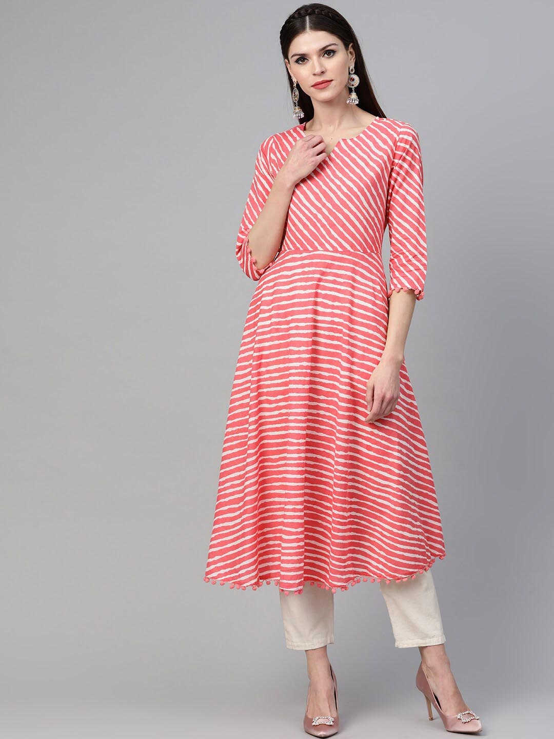 

See Designs Striped Round Neck Pure Cotton Anarkali Kurta, Pink