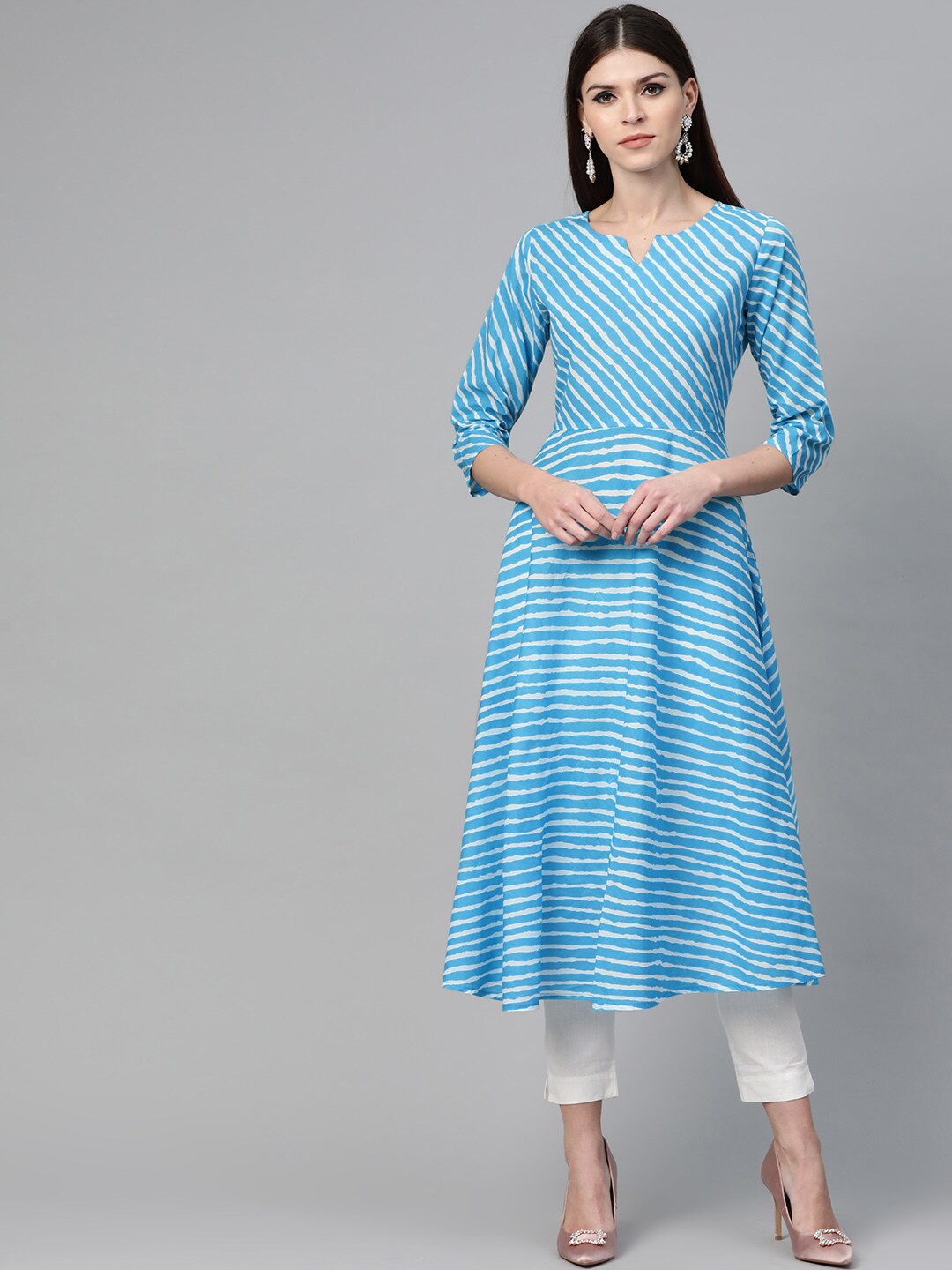 

See Designs Striped A-Line Regular Cotton Kurta, Turquoise blue
