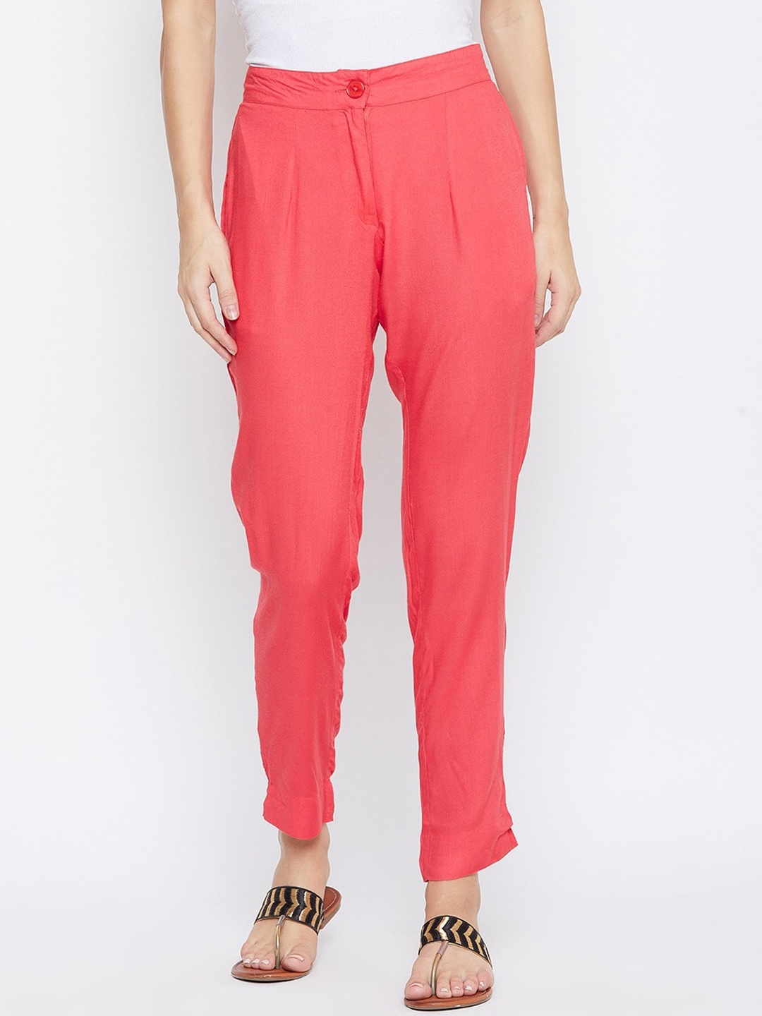 

fabGLOBAL Women Relaxed Slim Fit Easy Wash Pleated Trousers, Coral