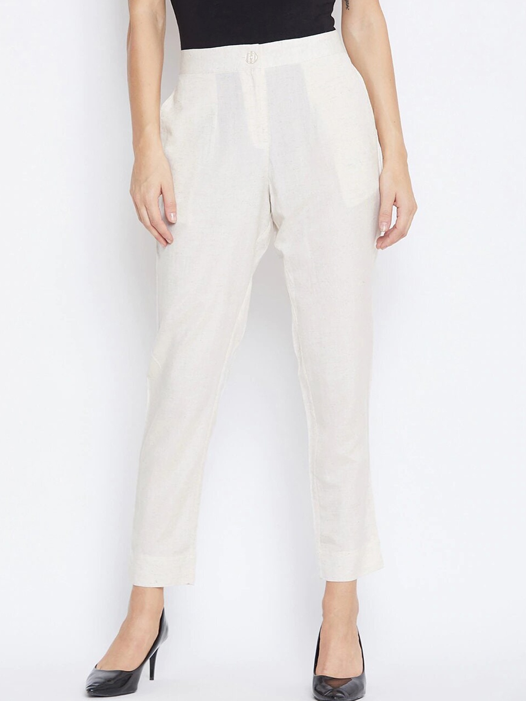 

fabGLOBAL Women Relaxed Slim Fit Easy Wash Trousers, Off white