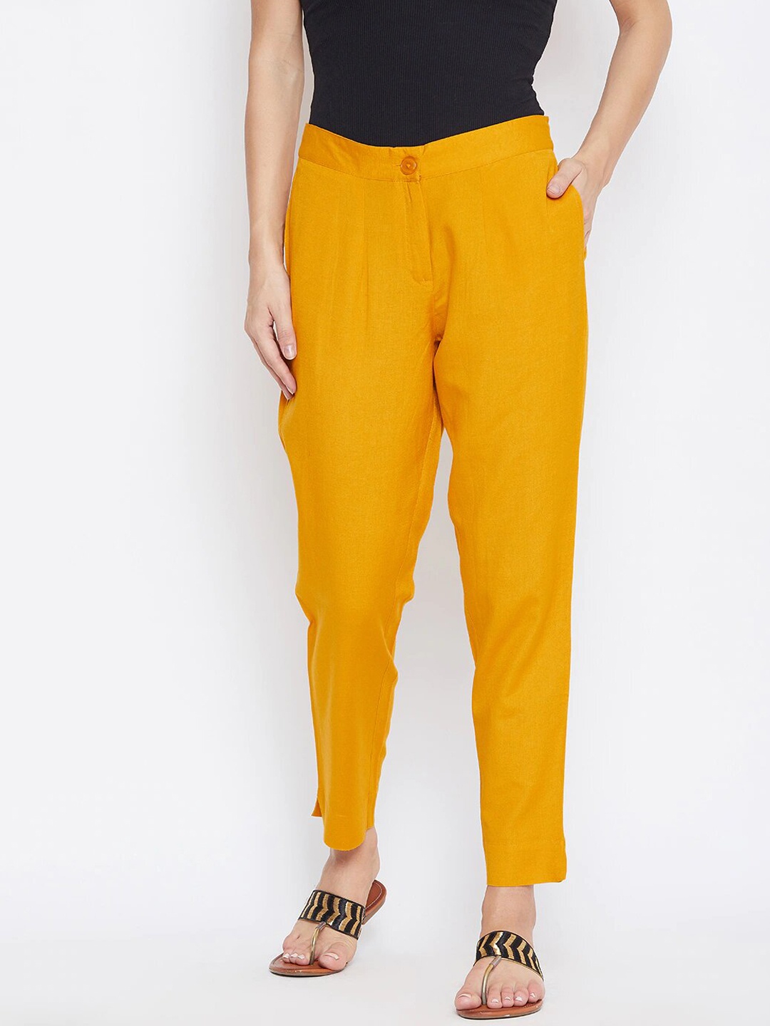 

fabGLOBAL Women Relaxed Slim Fit Easy Wash Trousers, Mustard