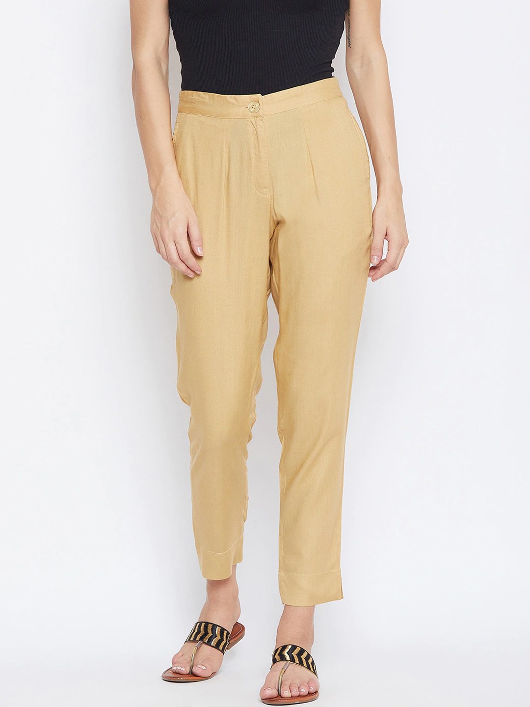 

fabGLOBAL Women Relaxed Slim Fit Easy Wash Trousers, Beige