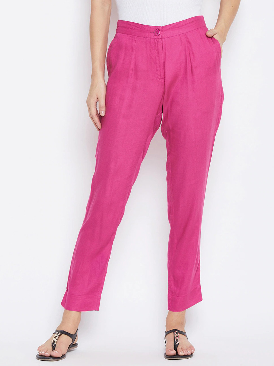 

fabGLOBAL Women Relaxed Slim Fit Easy Wash Trousers, Pink