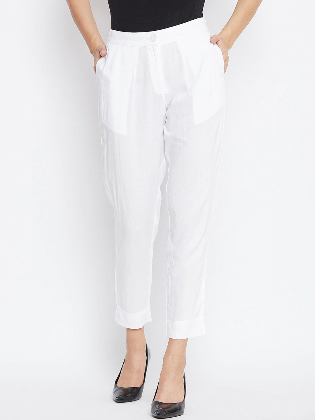 

fabGLOBAL Women Relaxed Slim Fit Easy Wash Pleated Trousers, White
