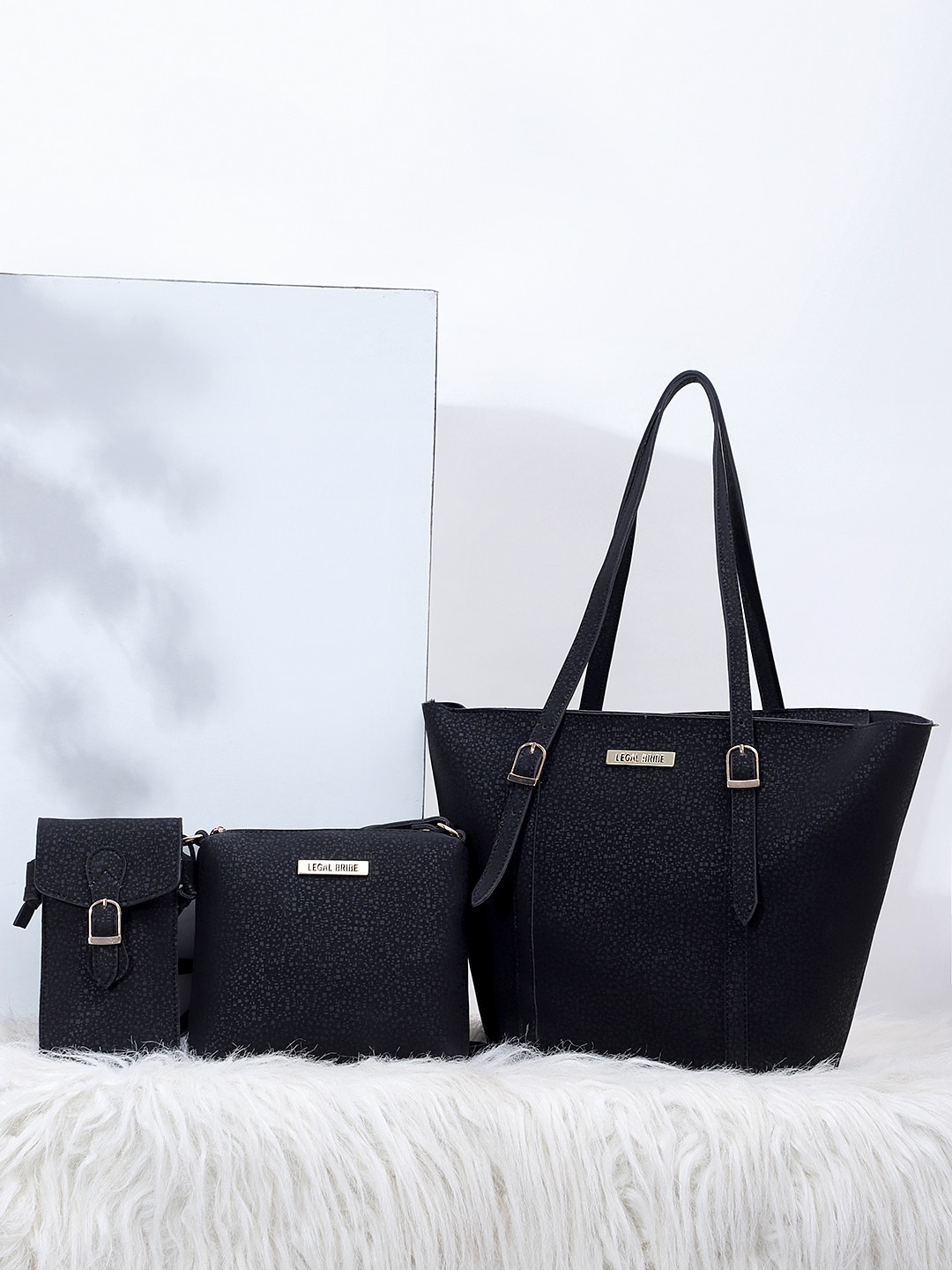 

LEGAL BRIBE Black Textured Oversized Swagger Shoulder Bag With Sling Bag & Satchel
