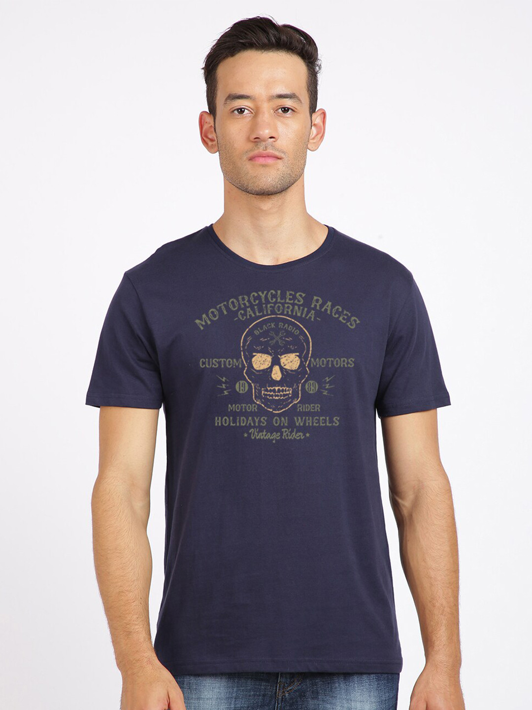 

BLACK RADIO Men Typography Printed Slim Fit Pure Cotton T-shirt, Navy blue