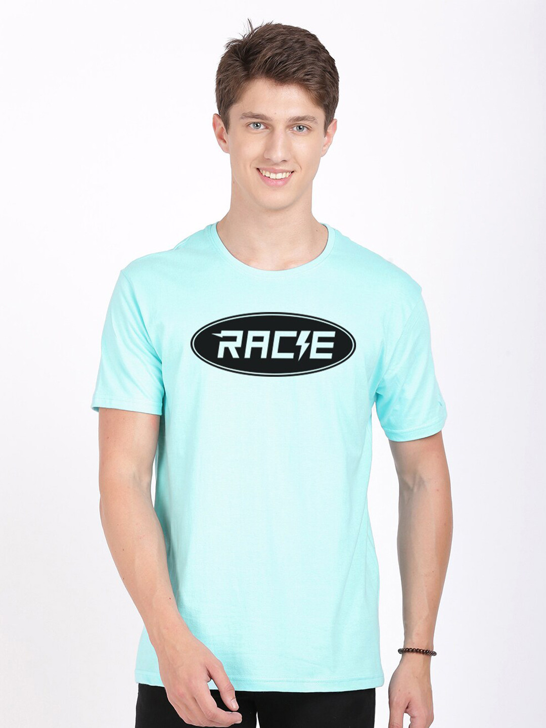 

BLACK RADIO Men Turquoise Blue Typography Printed Applique Slim Fit T-shirt