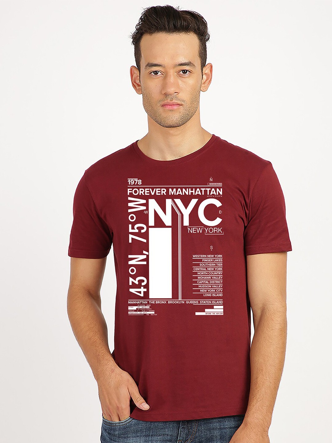 

BLACK RADIO Men Typography Printed Slim Fit Pure Cotton T-shirt, Maroon