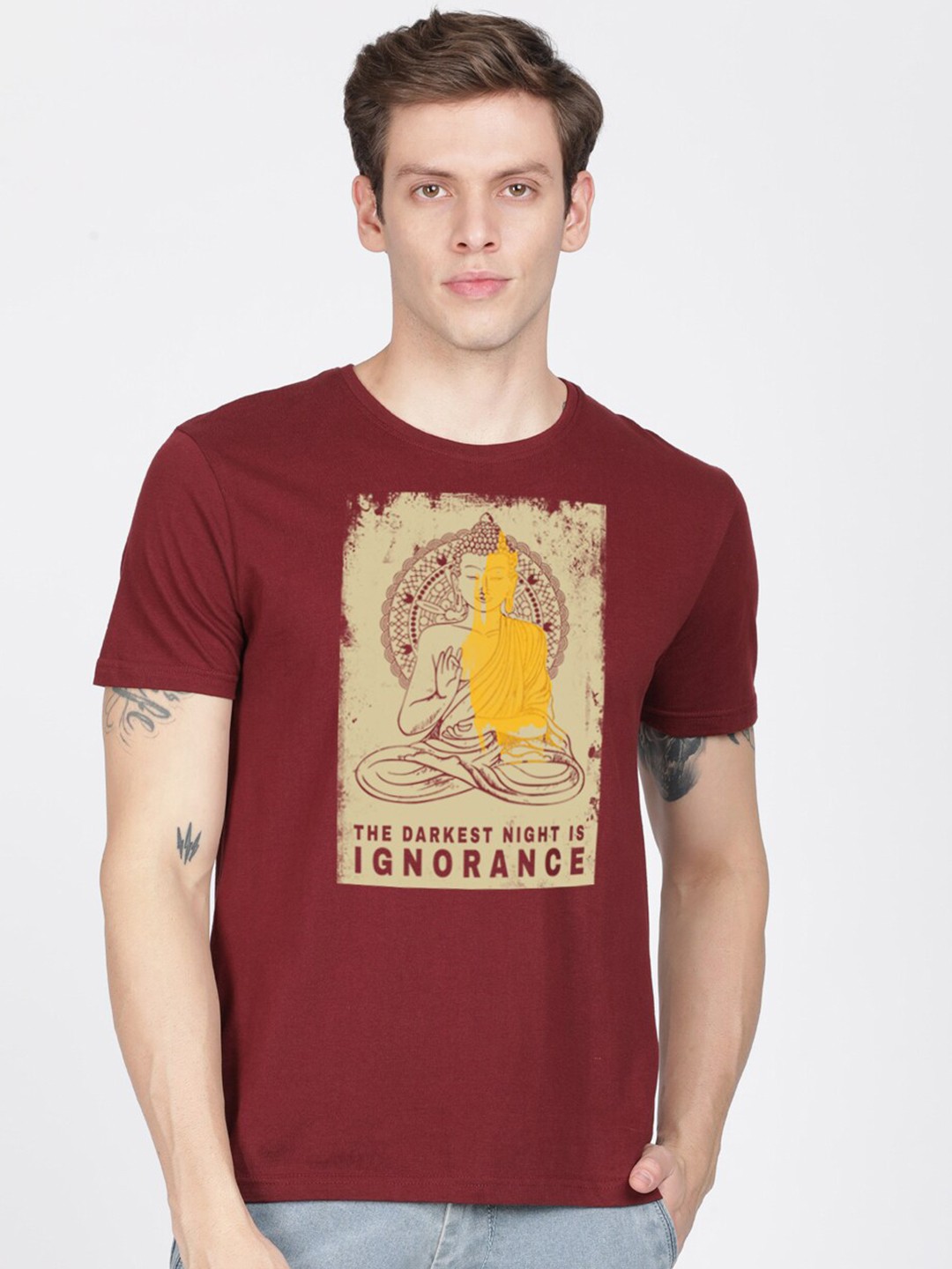 

BLACK RADIO Men Printed Slim Fit Pure Cotton T-shirt, Maroon