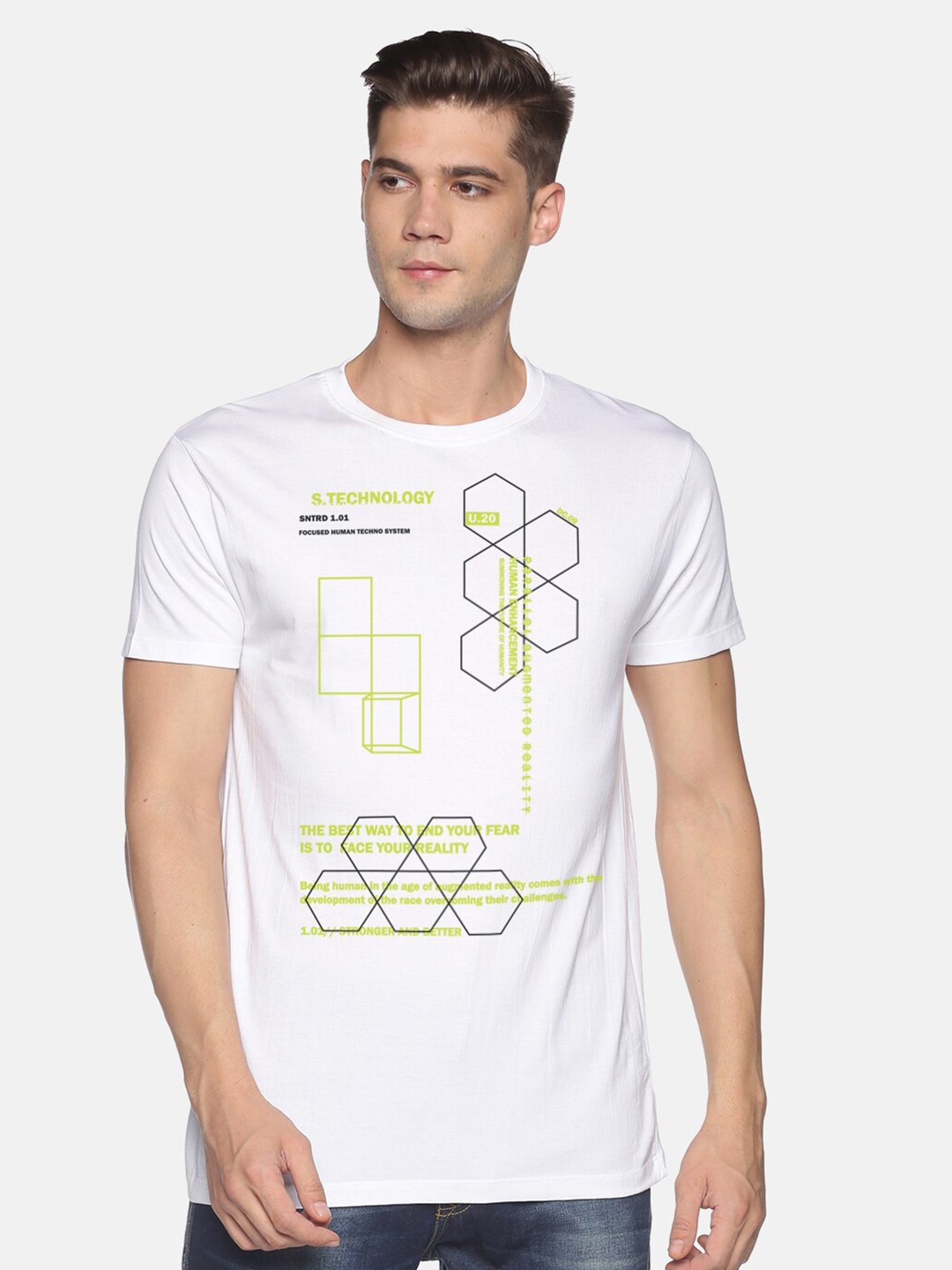 

BLACK RADIO Men Printed Slim Fit Pure Cotton T-shirt, White