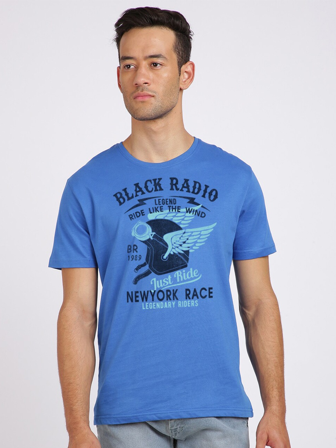 

BLACK RADIO Men Typography Printed Slim Fit Pure Cotton T-shirt, Blue