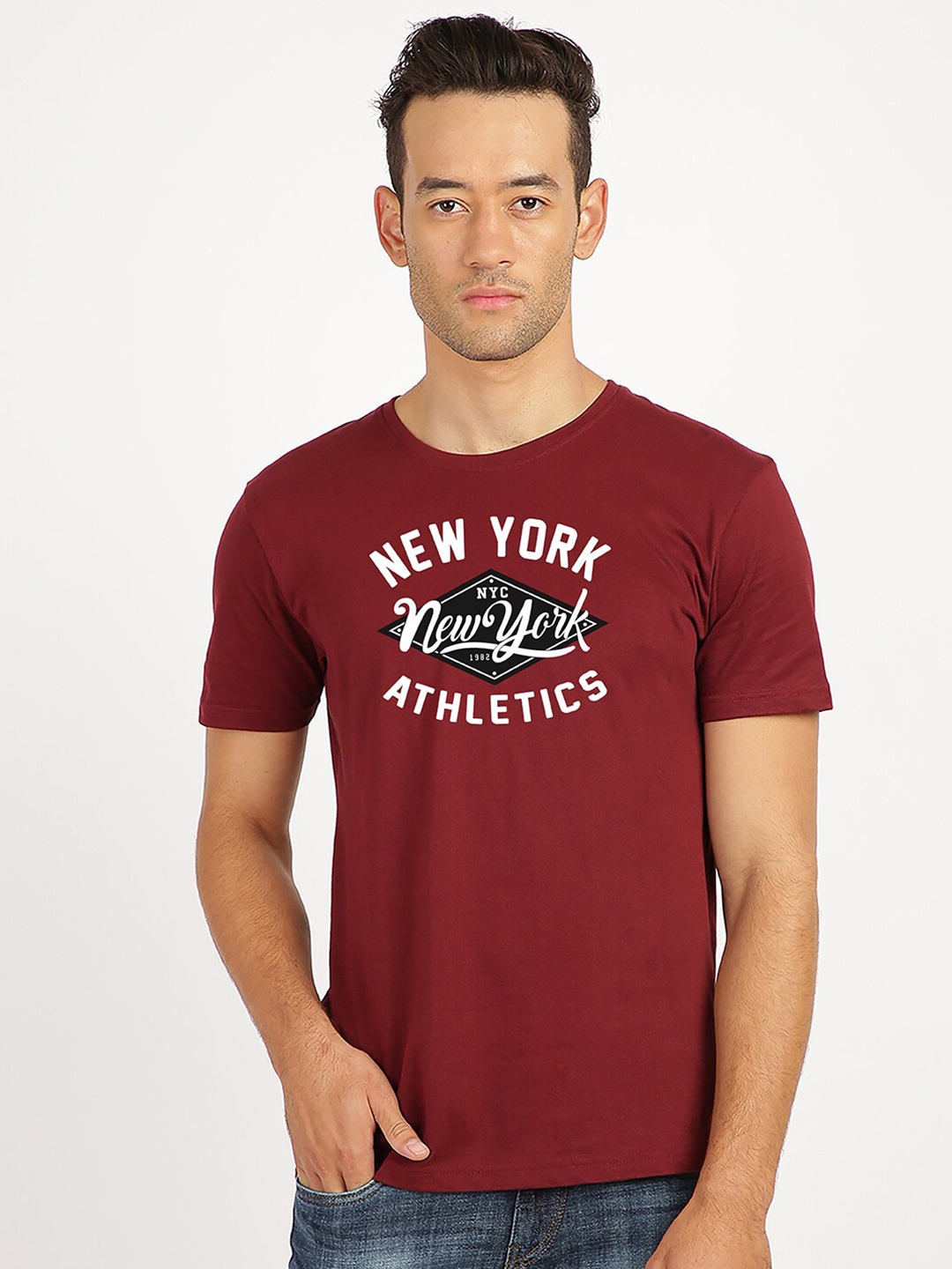 

BLACK RADIO Men Typography Printed Slim Fit Cotton T-shirt, Maroon
