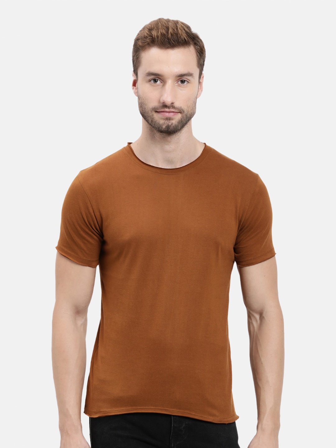 

BLACK RADIO Men Round Neck Slim Fit Cotton T-shirt, Brown