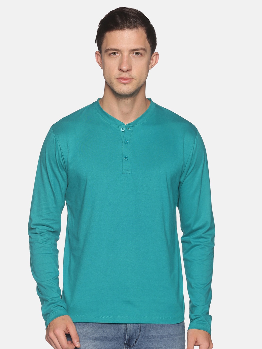 

BLACK RADIO Men Henley Neck Slim Fit Cotton T-shirt, Teal