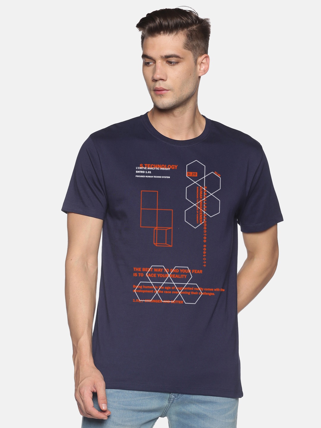 

BLACK RADIO Men Typography Printed Slim Fit Pure Cotton T-shirt, Navy blue
