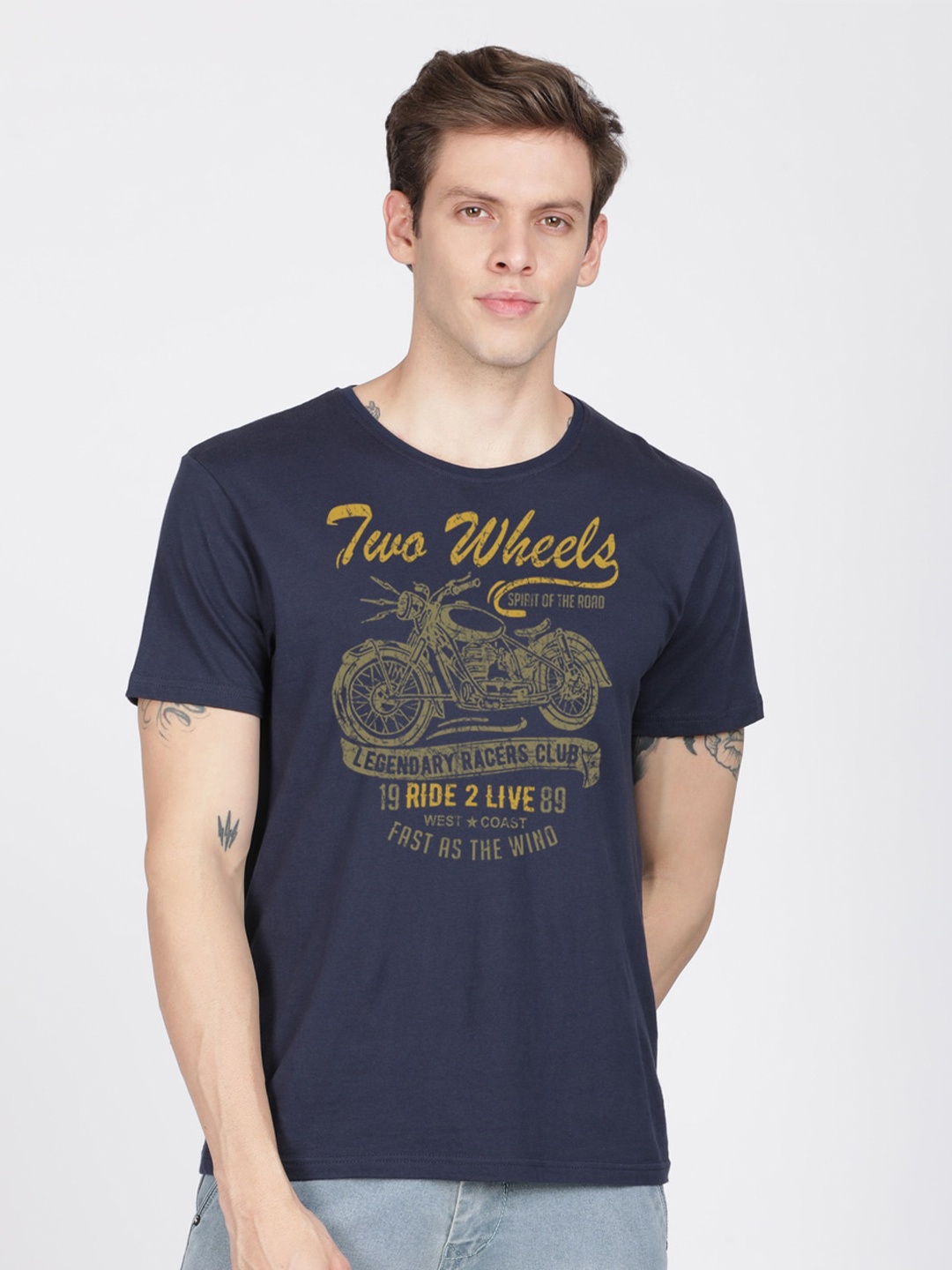 

BLACK RADIO Men Typography Printed Pure Cotton T-shirt, Navy blue