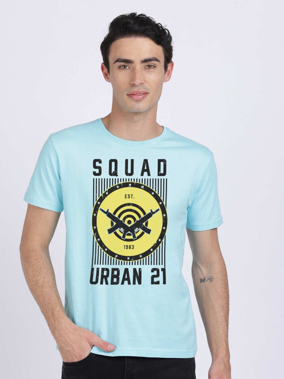 

BLACK RADIO Men Printed Cotton T-shirt, Turquoise blue