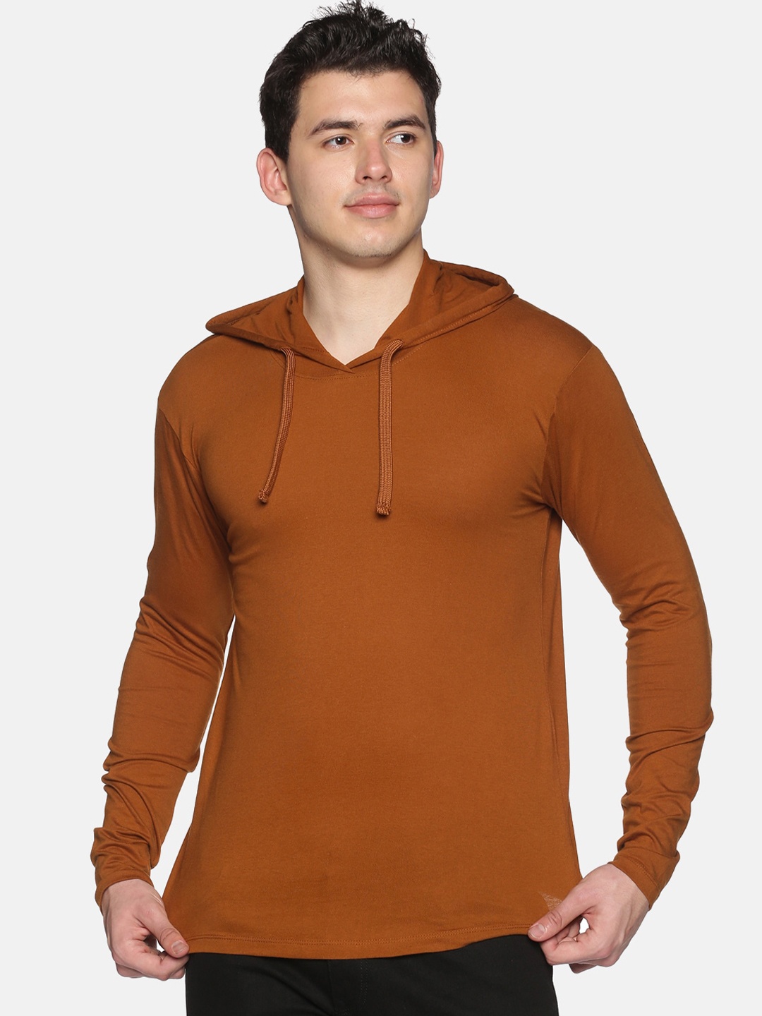 

BLACK RADIO Men Hooded Slim Fit Cotton T-shirt, Brown
