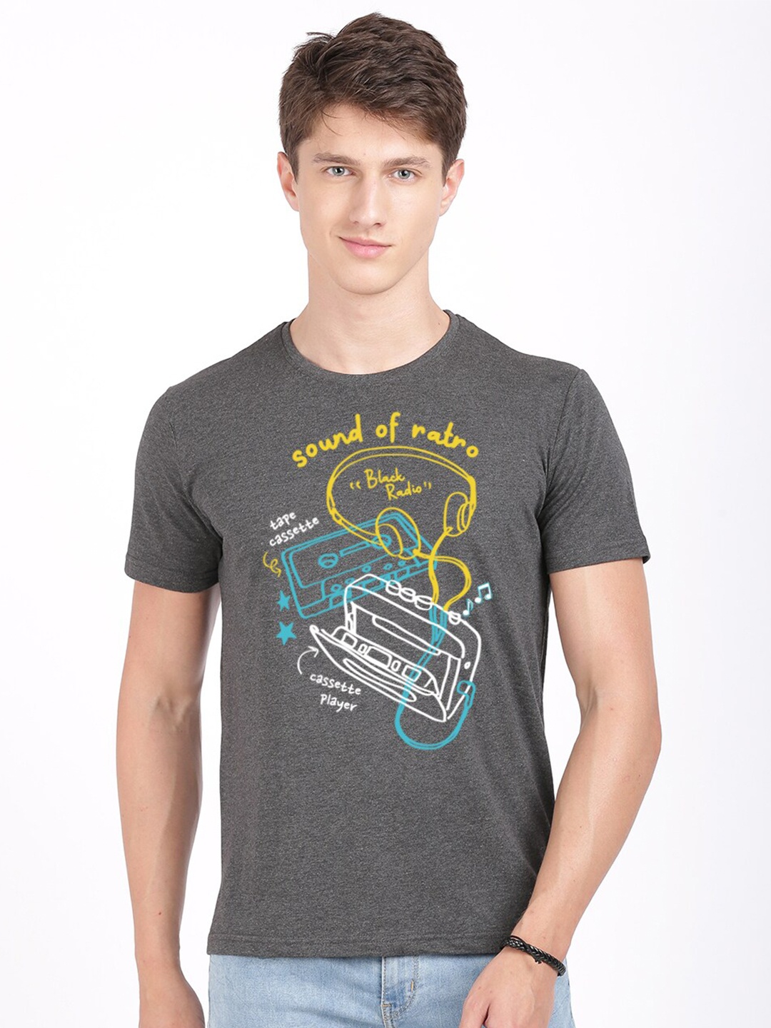 

BLACK RADIO Men Printed Slim Fit Cotton T-shirt, Charcoal
