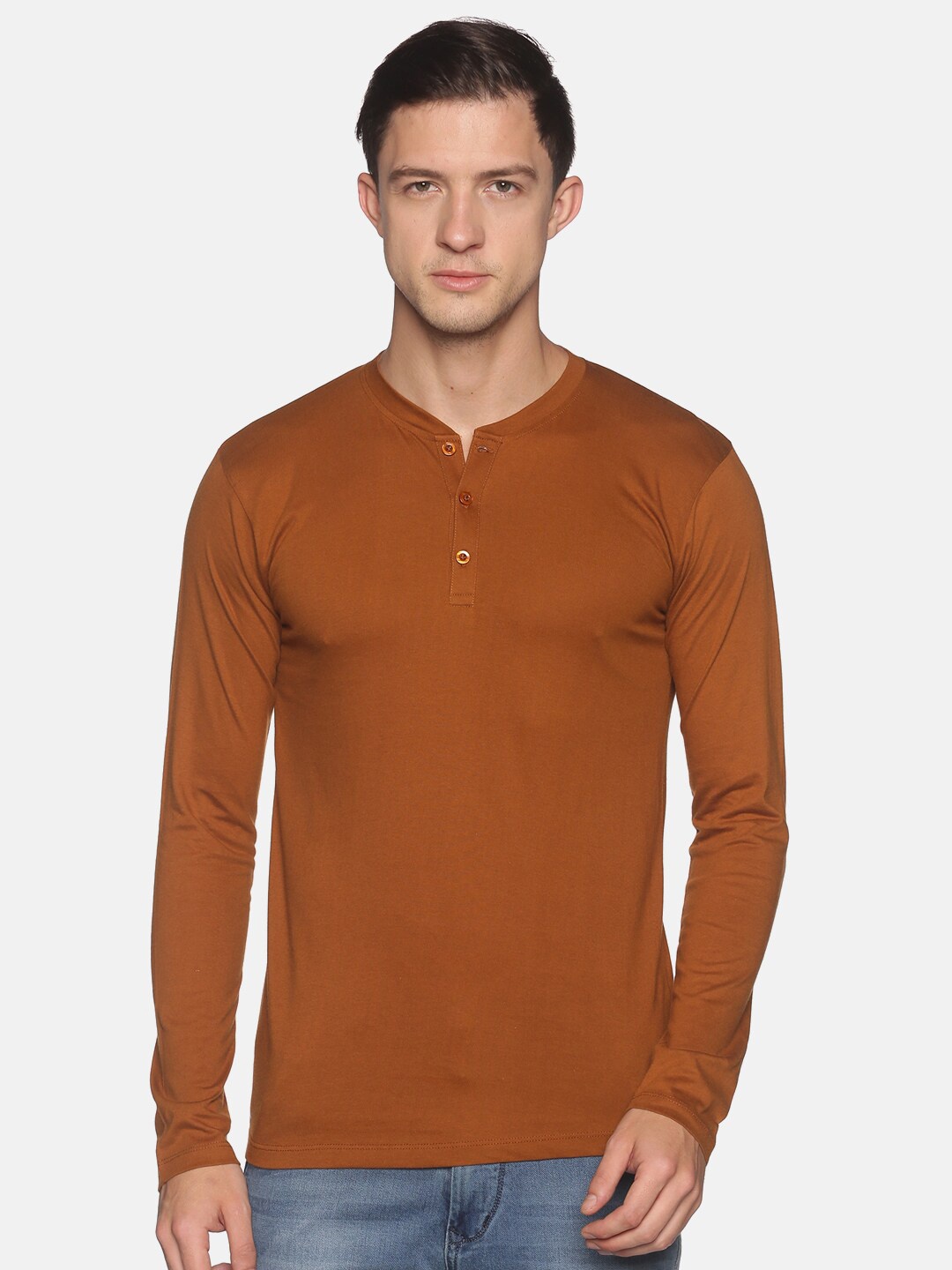 

BLACK RADIO Men Cotton Henley Neck T-shirt, Brown