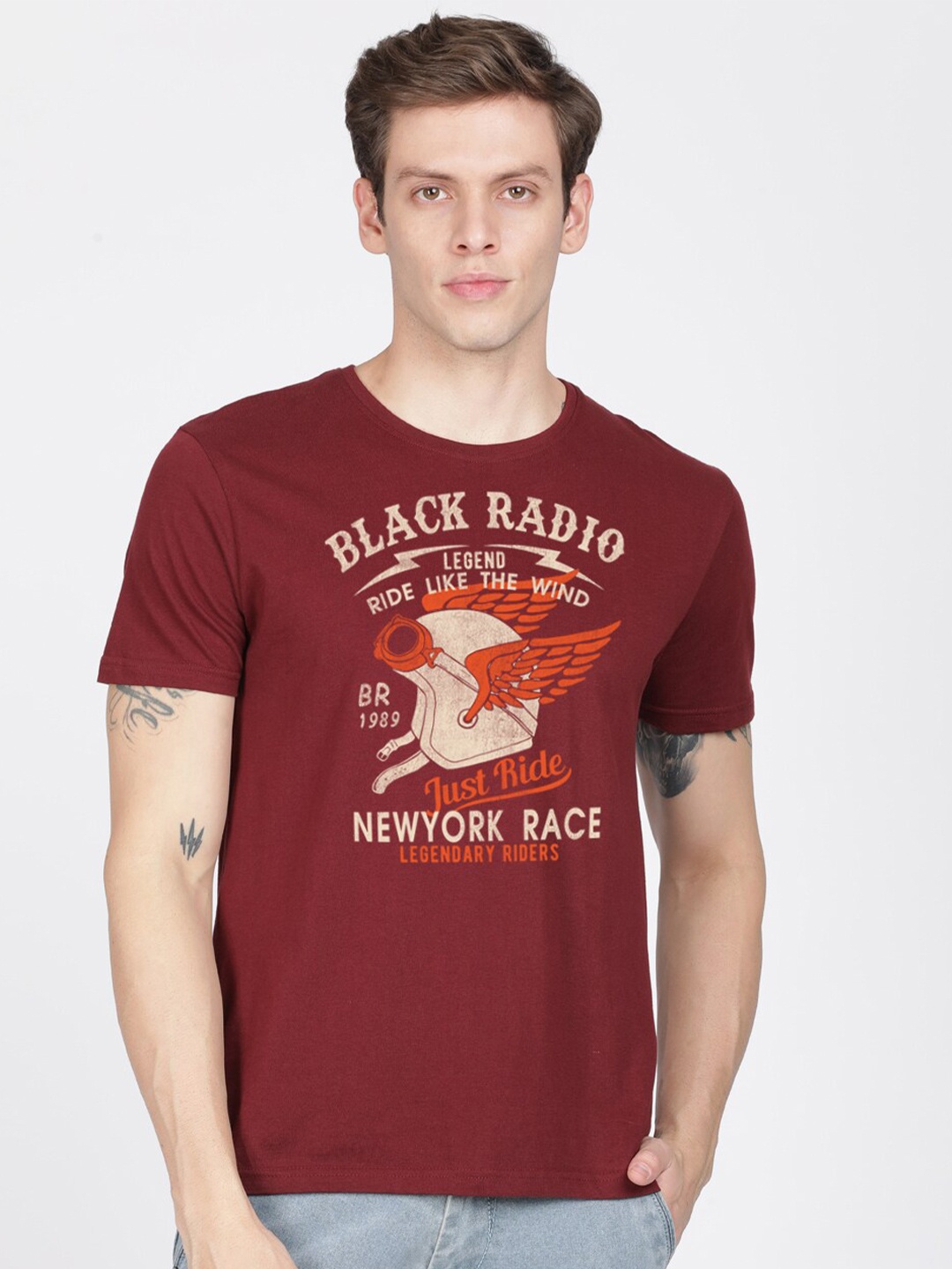 

BLACK RADIO Men Cotton Typography Printed T-shirt, Maroon