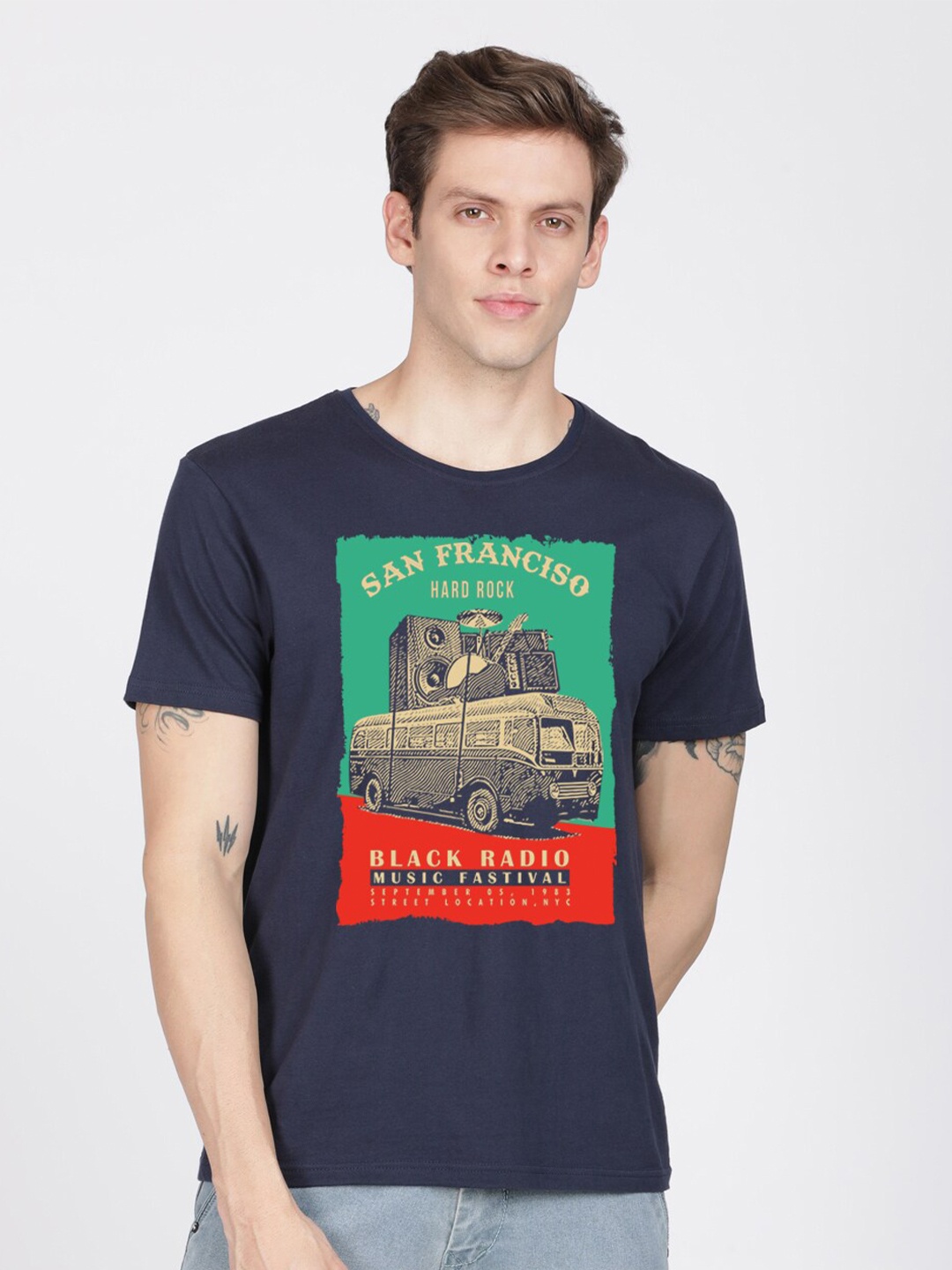 

BLACK RADIO Men Cotton Printed T-shirt, Navy blue