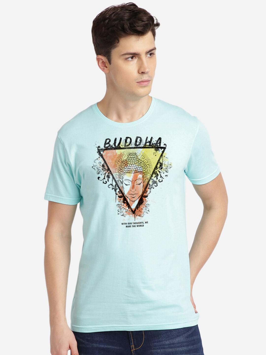 

BLACK RADIO Turquoise Blue Printed Slim Fit Cotton T-shirt
