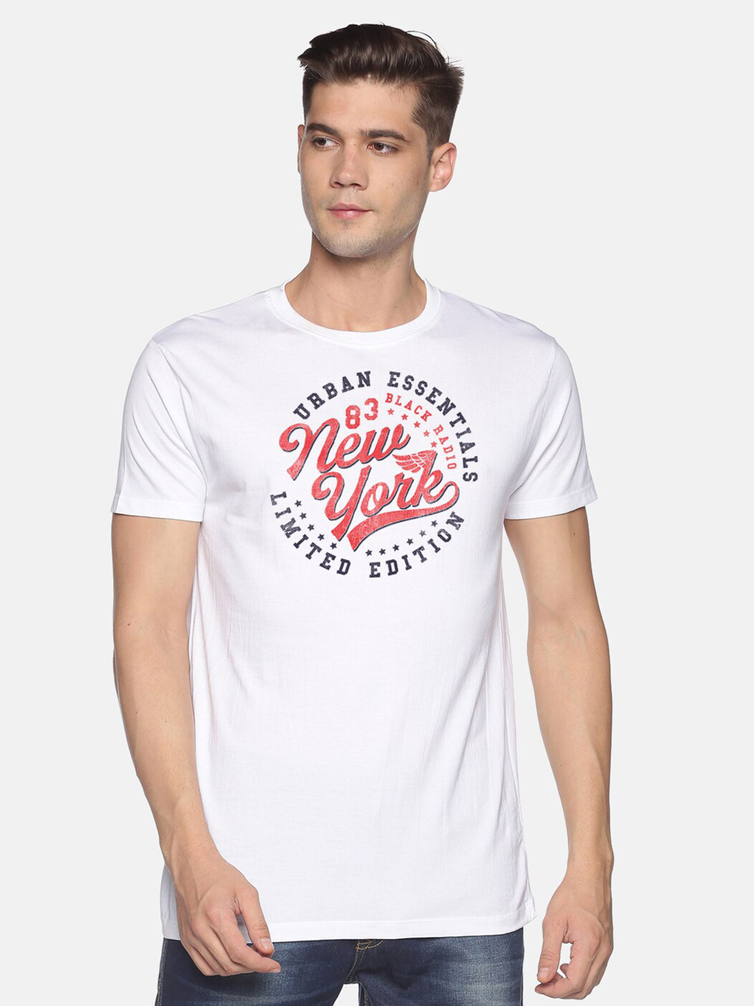 

BLACK RADIO Men Printed Round Neck Cotton T shirt, White