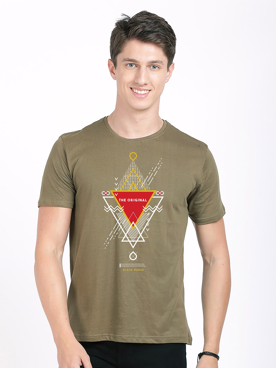 

BLACK RADIO Men Printed Round Neck Cotton T shirt, Olive