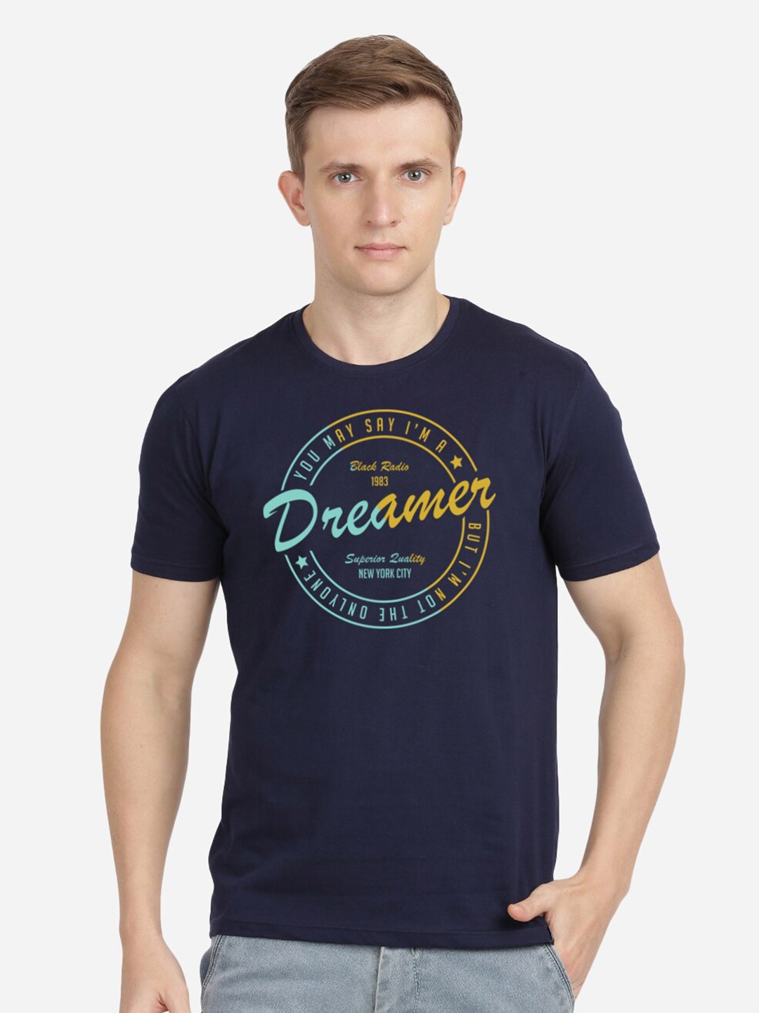

BLACK RADIO Men Printed Round Neck Cotton T shirt, Navy blue
