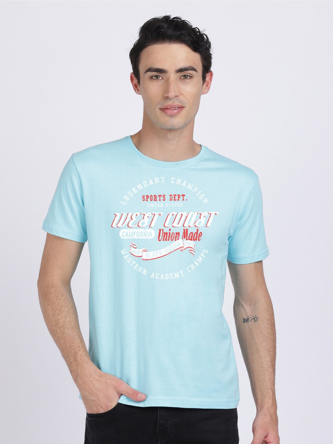 

BLACK RADIO Men Typography Printed Slim Fit T-shirt, Turquoise blue