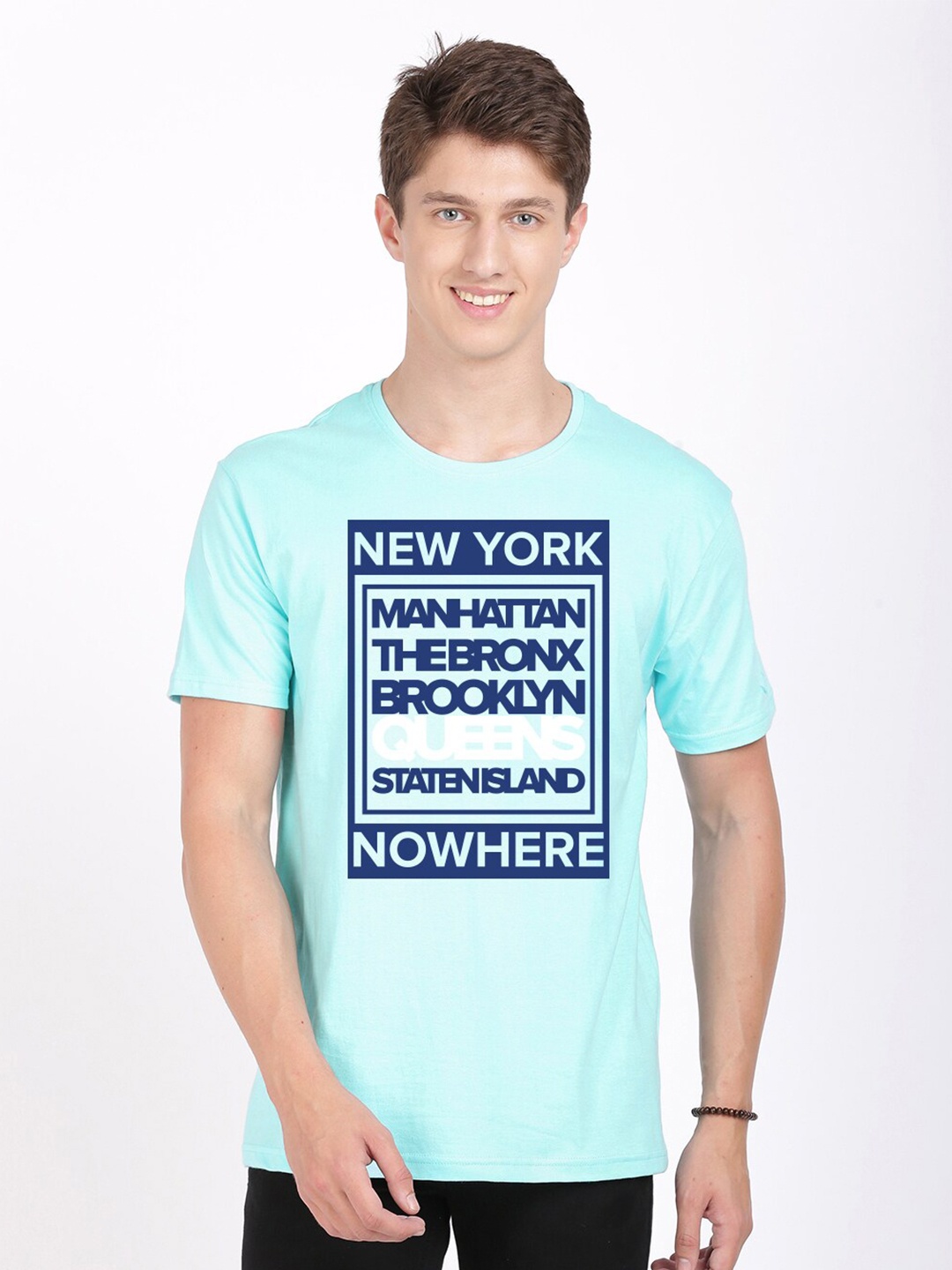 

BLACK RADIO Men Typography Printed Pure Cotton Slim Fit T-shirt, Turquoise blue