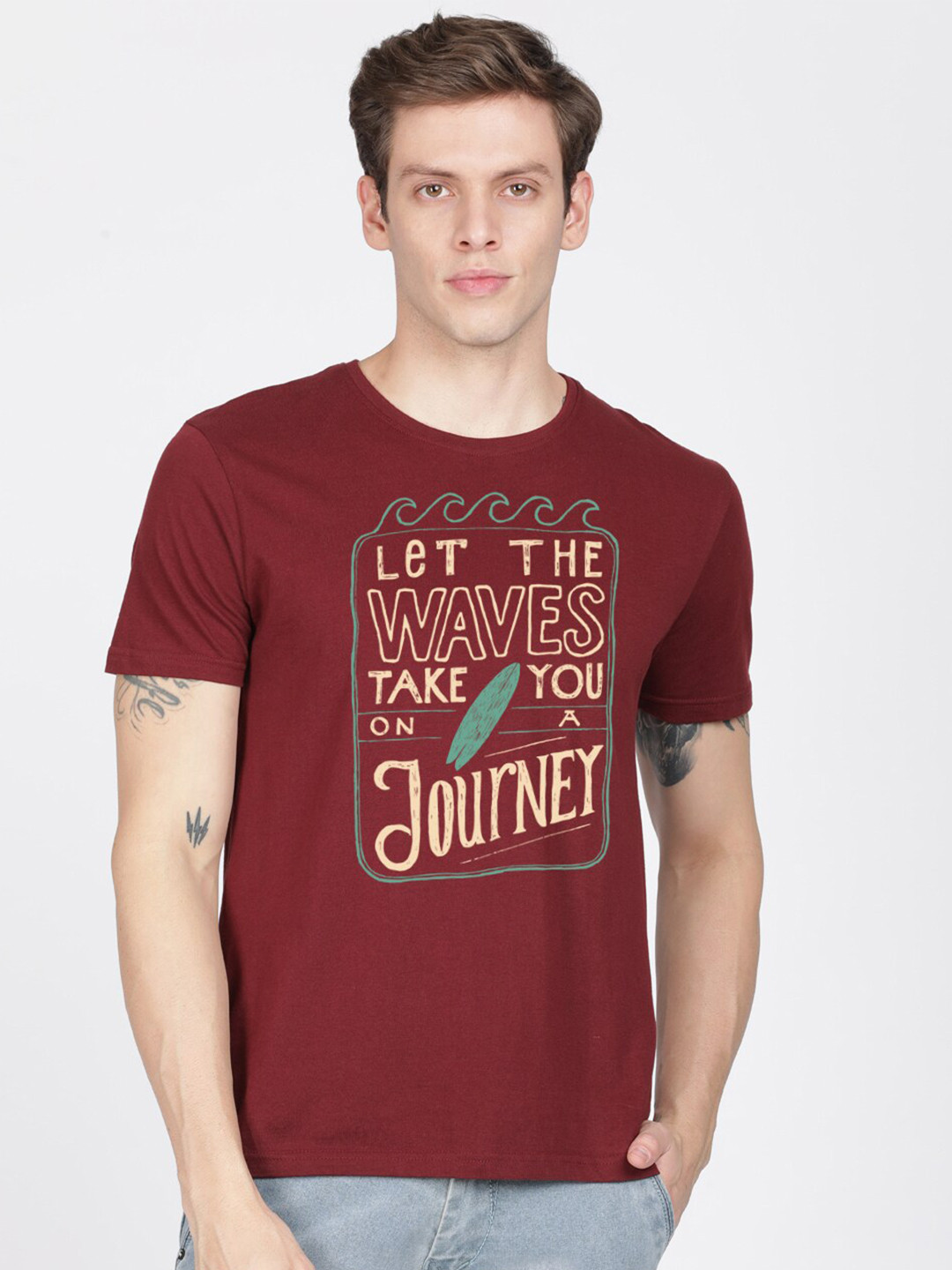 

BLACK RADIO Men Typography Printed Pure Cotton Slim Fit T-shirt, Maroon