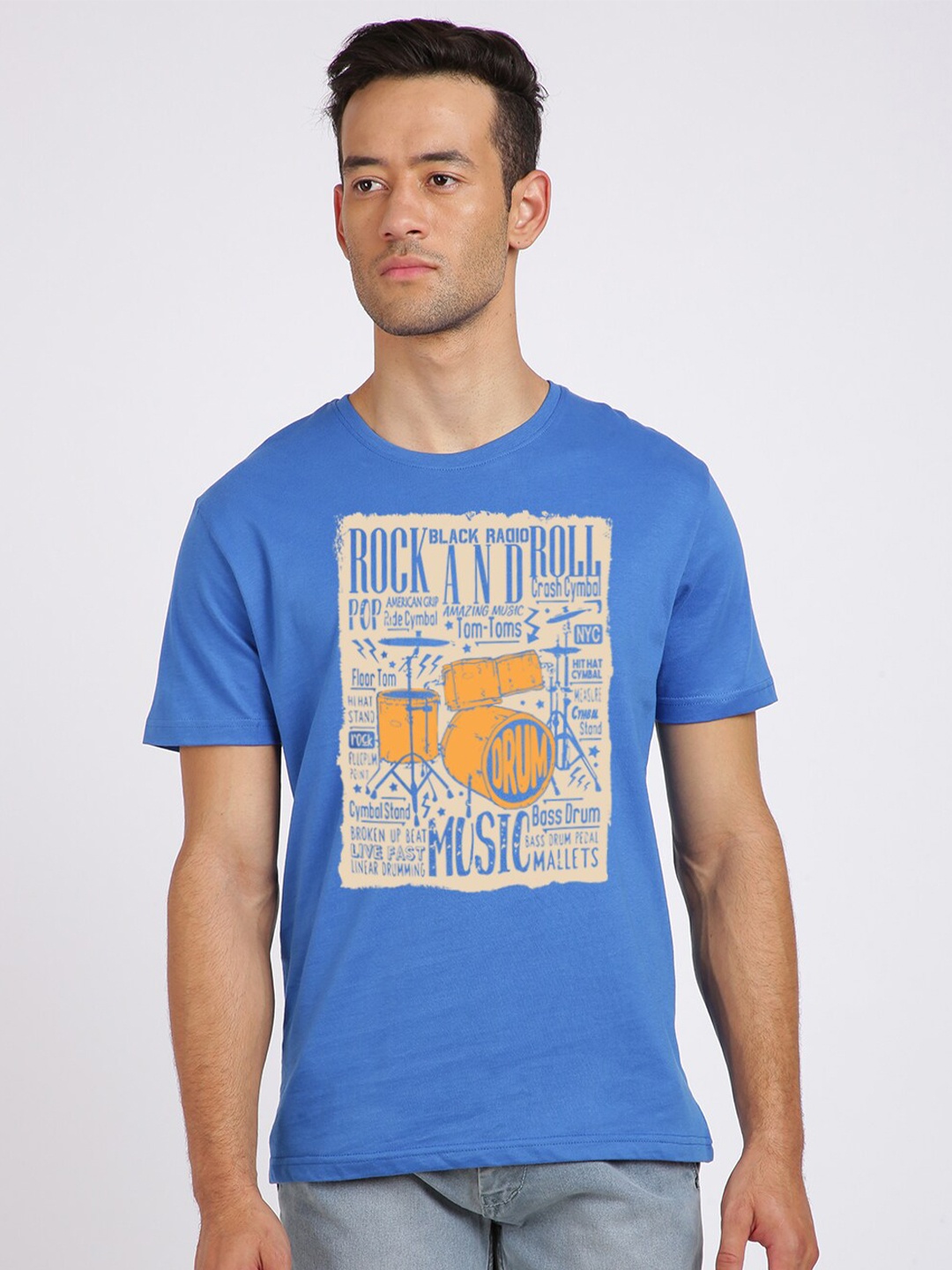 

BLACK RADIO Men Printed Pure Cotton Slim Fit T-shirt, Blue