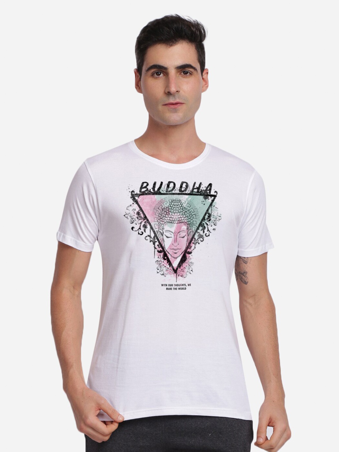 

BLACK RADIO Men Printed Pure Cotton Slim Fit T-shirt, White