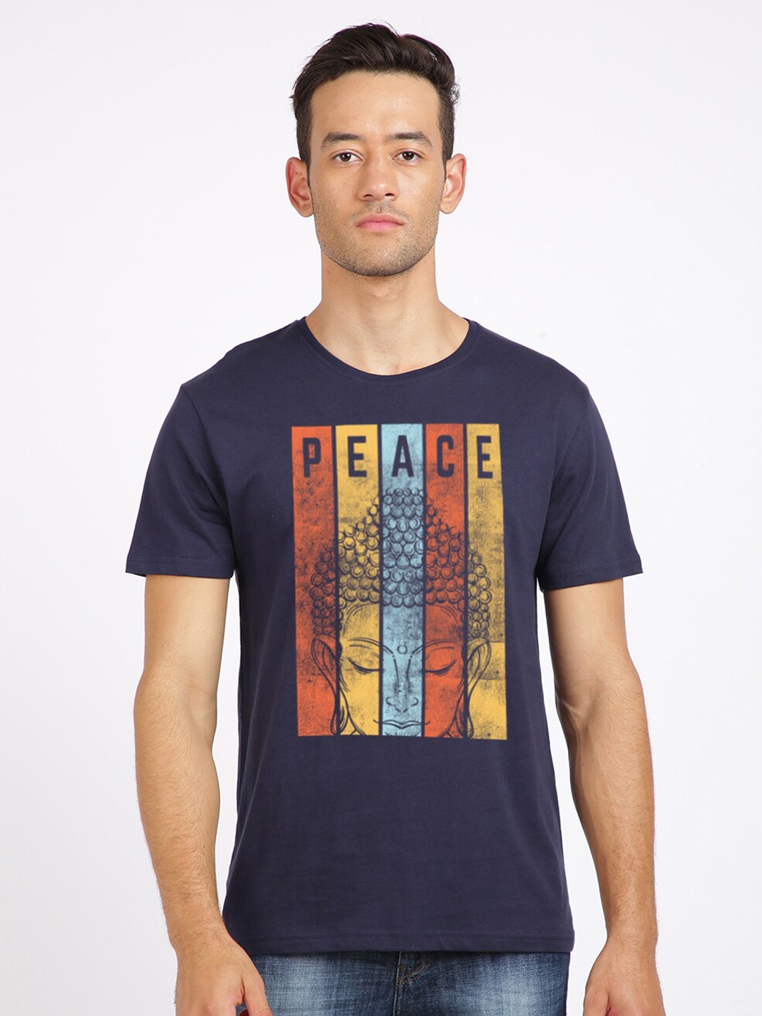 

BLACK RADIO Men Typography Printed Slim Fit Cotton T-shirt, Navy blue