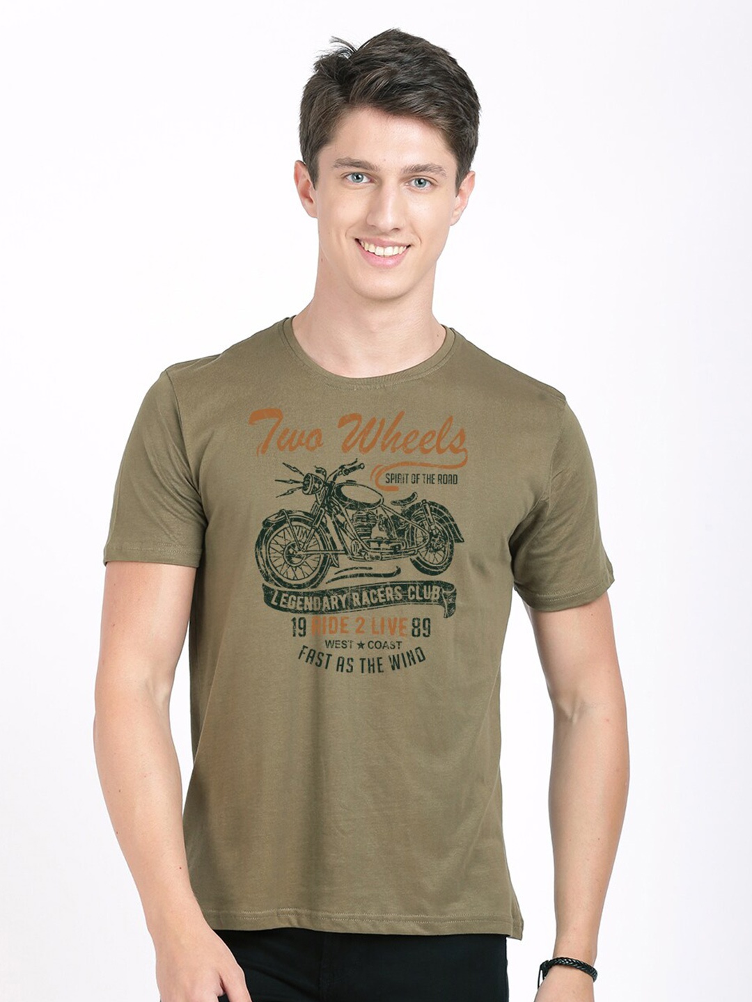 

BLACK RADIO Men Biker Printed Slim Fit Cotton T-shirt, Olive