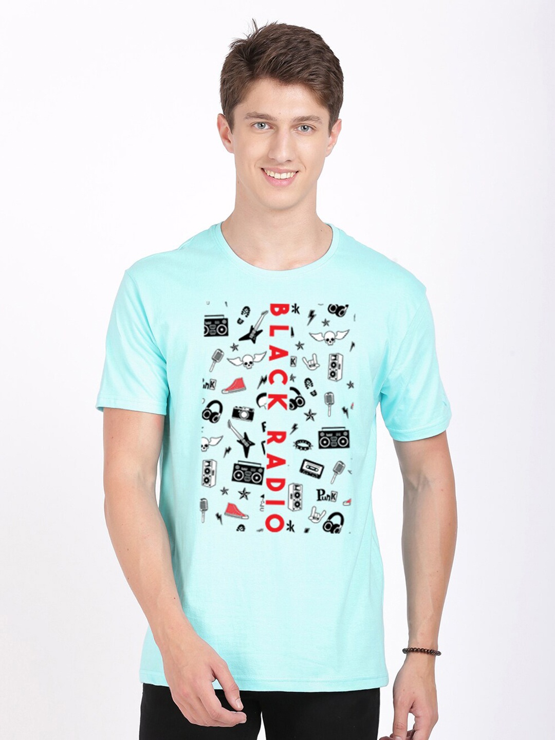 

BLACK RADIO Men Typography Printed Slim Fit Cotton T-shirt, Turquoise blue