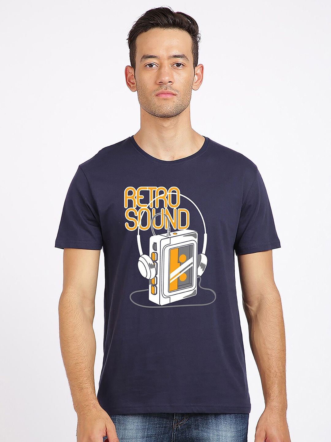 

BLACK RADIO Men Graphic Printed Slim Fit Pure Cotton T-shirt, Navy blue
