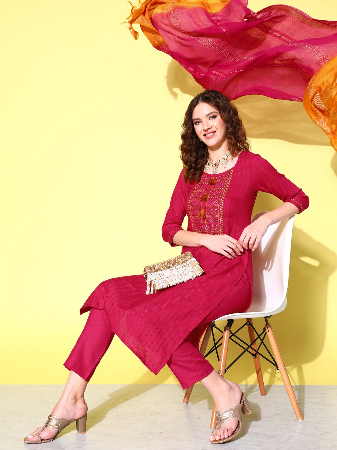 

SheWill Ethnic Motifs Embroidered Sequinned Kurta With Trousers & Dupatta, Red