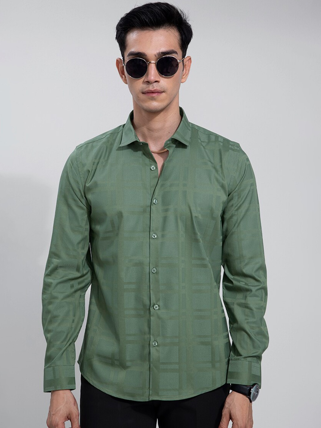 

Snitch Men Slim Fit Checked Cotton Casual Shirt, Green
