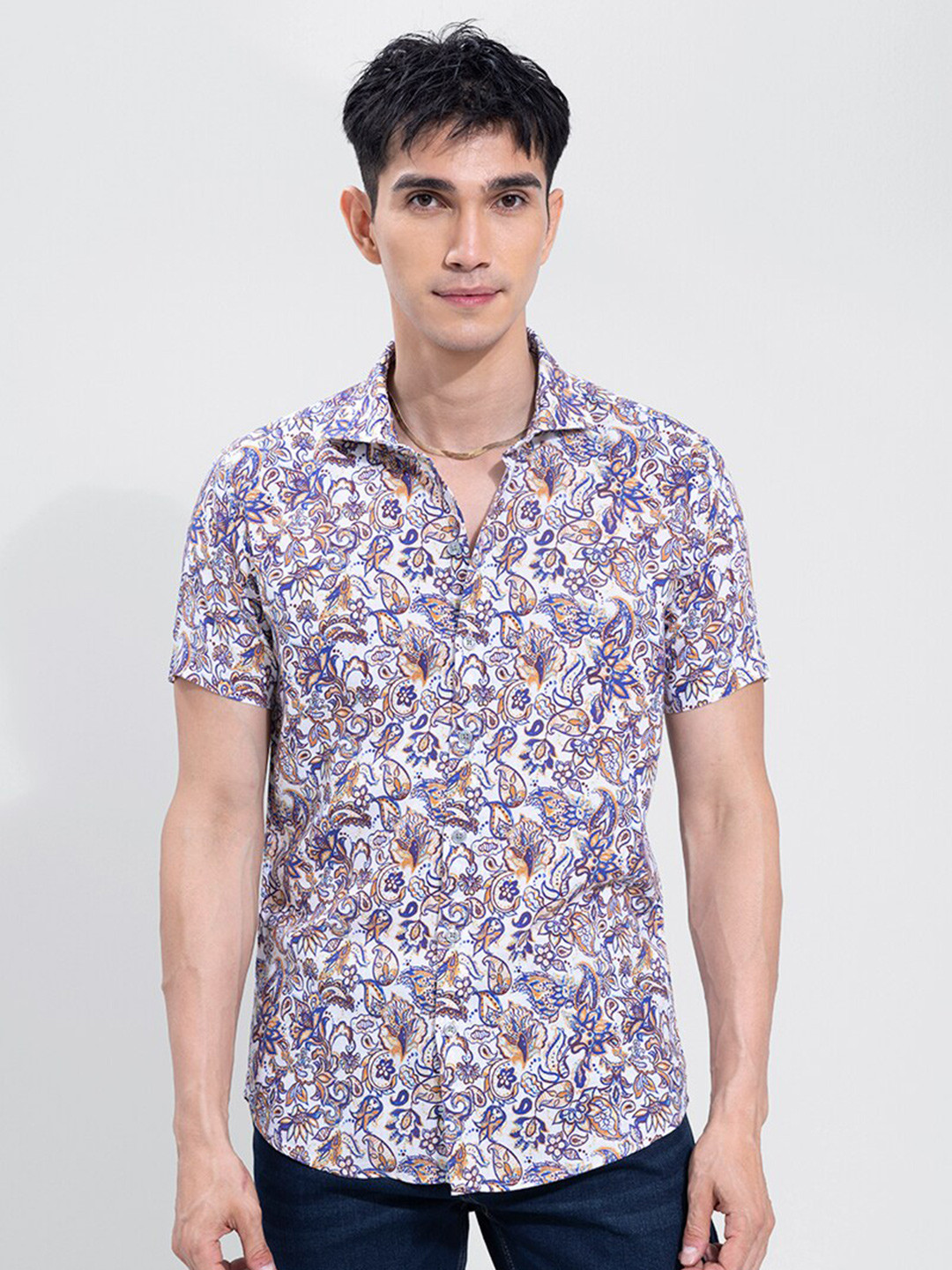 

Snitch Men Slim Fit Floral Printed Linen Casual Shirt, White