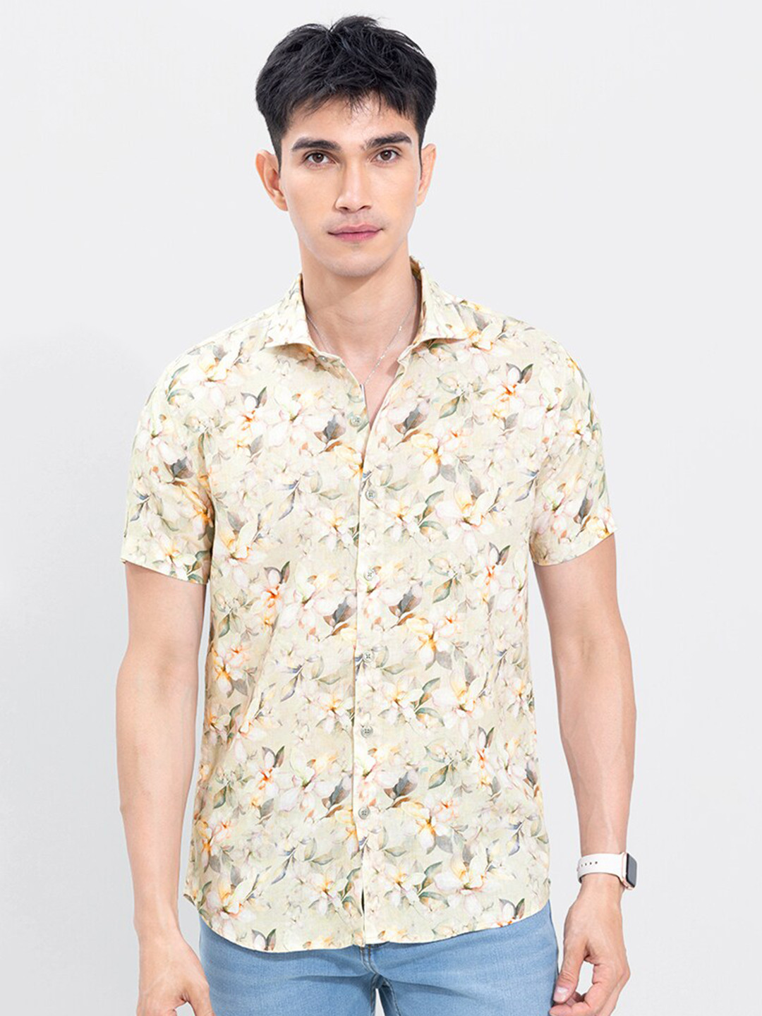 

Snitch Men Slim Fit Floral Printed Linen Casual Shirt, Cream