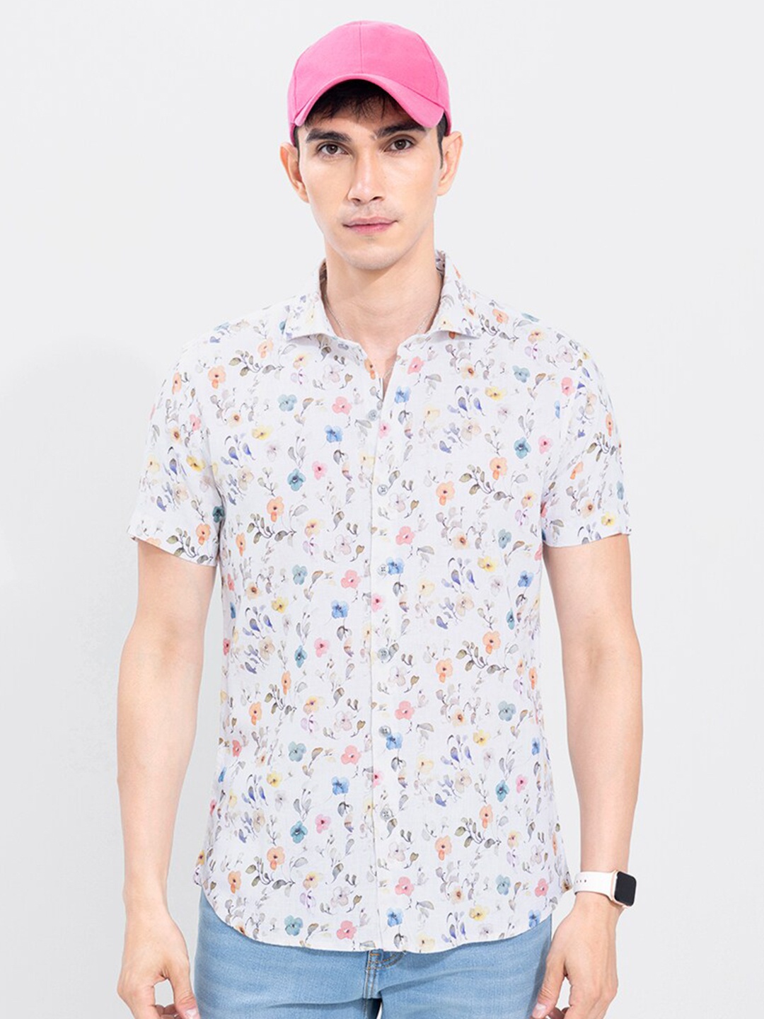

Snitch Men Slim Fit Floral Printed Linen Casual Shirt, White