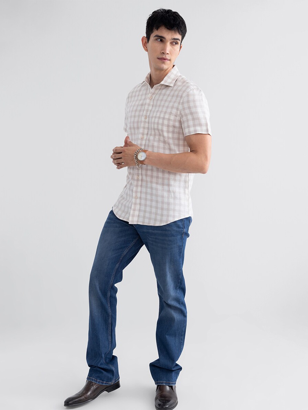 

Snitch Men Slim Fit Checked Linen Casual Shirt, Grey