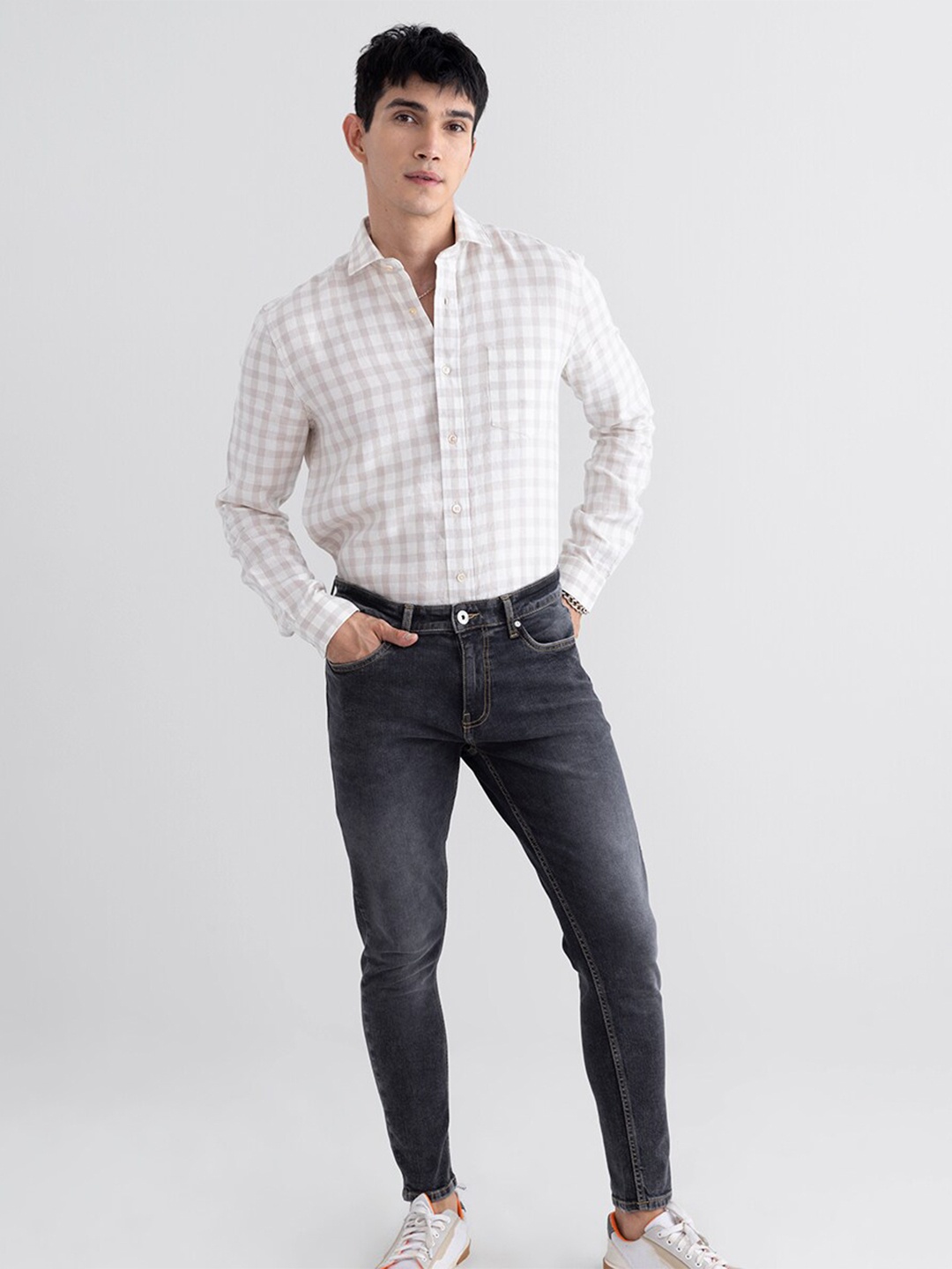 

Snitch Men Slim Fit Gingham Checked Linen Casual Shirt, Grey