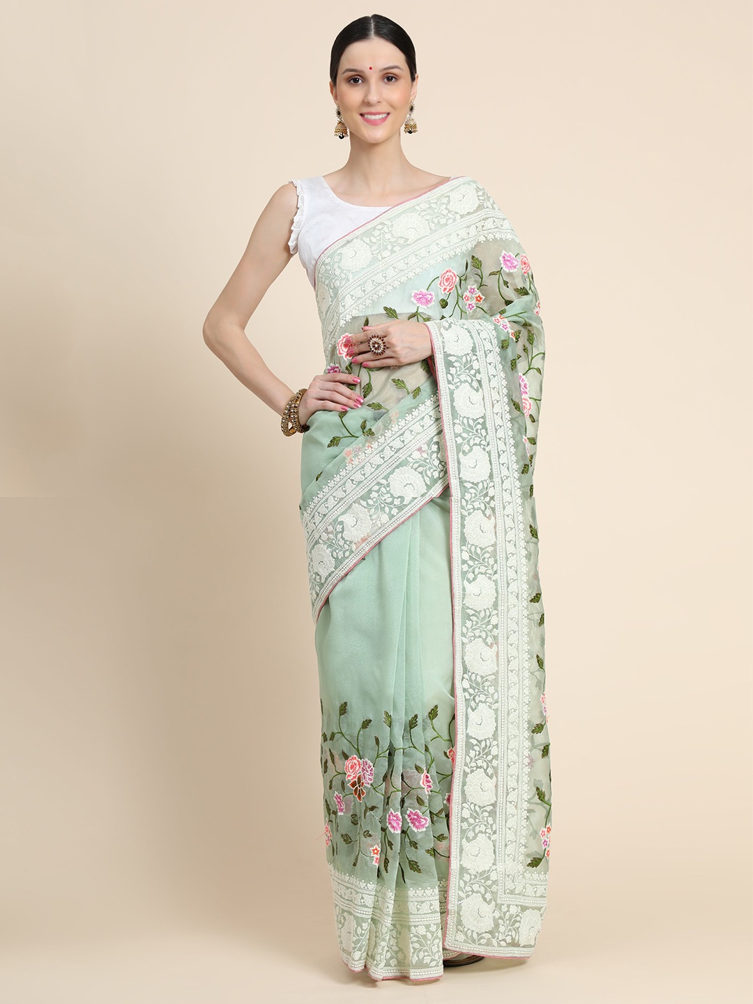 

Vastrasky Global Floral Embroidered Pure Georgette Mysore Silk Saree, Sea green