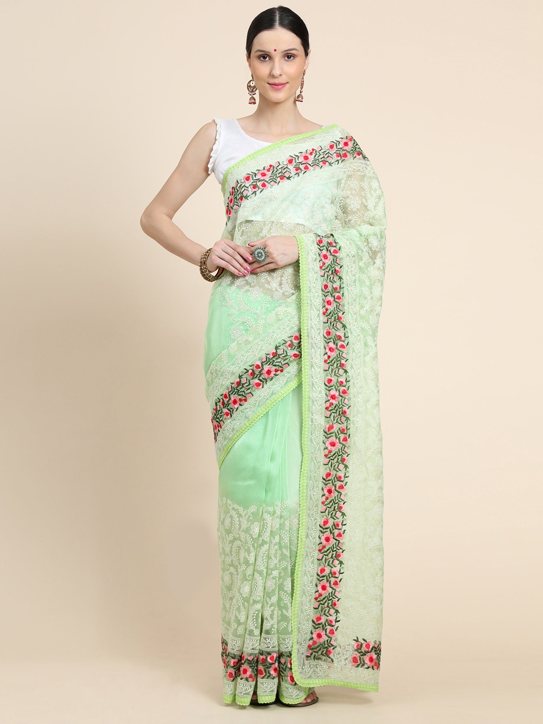 

Vastrasky Global Floral Embroidered Mysore Silk Saree, Sea green